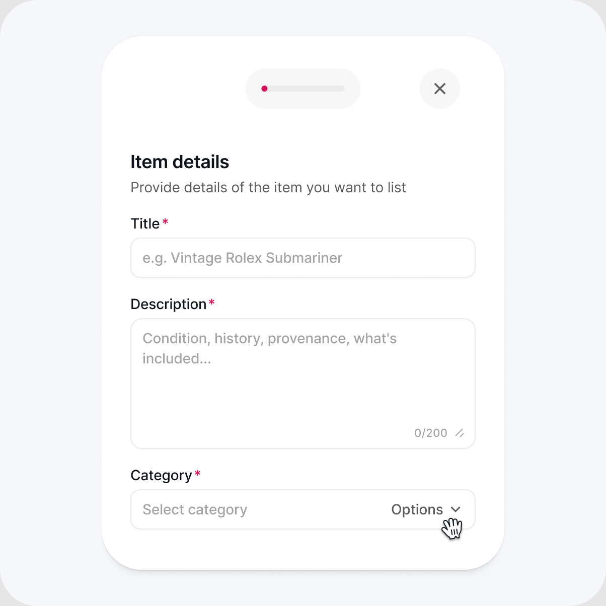 Item details form — title, description, and category