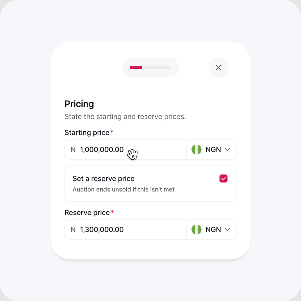 Pricing form — starting bid and reserve price